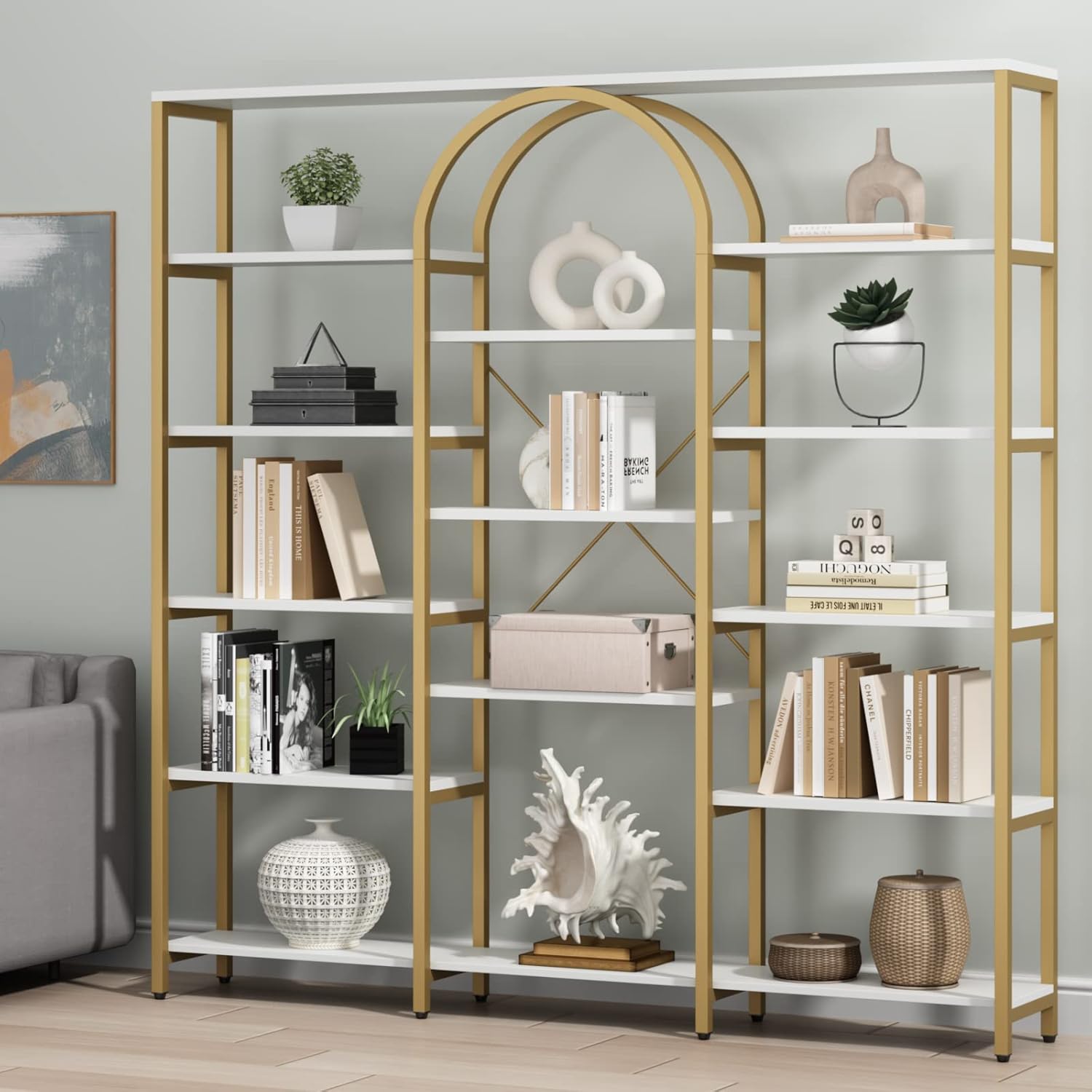 Triple Wide Gold Bookshelf, 70.87" W x 71.34" H Large Modern Etagere Bookcase, Tall Display Shelf with 13-Tier Open Shelves, Freestanding Staggered Storage Shelf for Home Office (White/Gold)