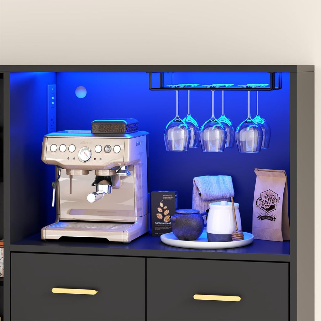 Kitchen Pantry Storage Cabinet with Charging Station and LED Lights, Freestanding Buffet Sideboards with Wine Glass Holder,Food Hutch Cabinet with Rotation 4-Tier Storage Rack for Kitchen(Black)