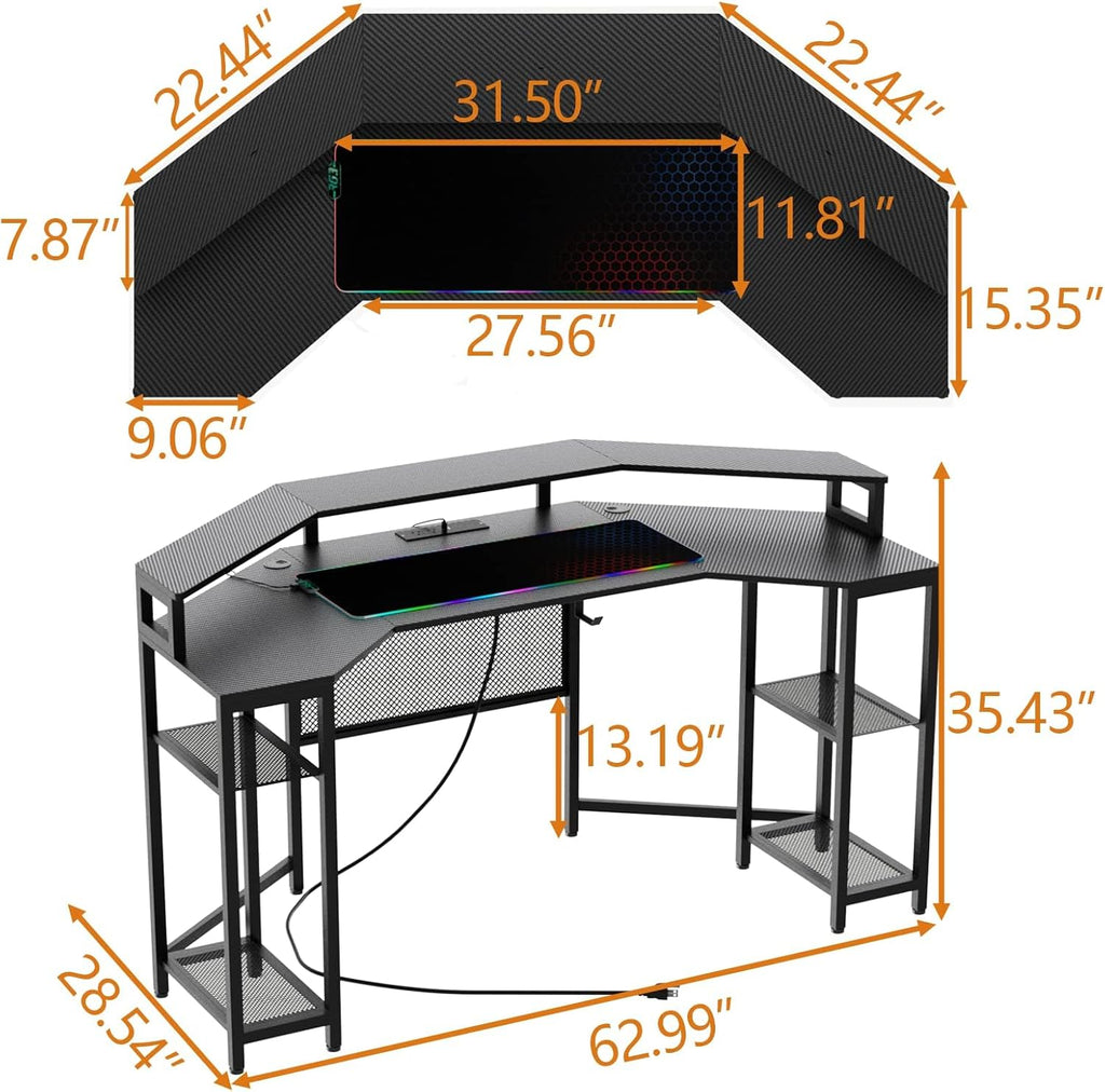 Gaming Desk with Power Outlets & LED Lights, 63" Wing-Shaped Computer Desk with Full Monitor Stand,Wireless Charging,Shelves,RGB Mouse Pad, Studio Desk Corner Desk with Headphone Hook (Black)