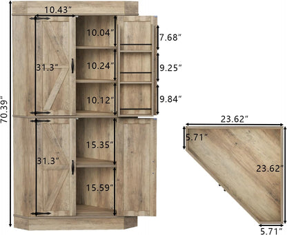 Corner Cabinet,Kitchen Pantry Storage Cabinet,Freestanding Buffet Hutch with 4 Doors and Shelves,Tall Food Pantry Farmhouse Furniture with Side Rack for Kitchen Dining Room(Retro)