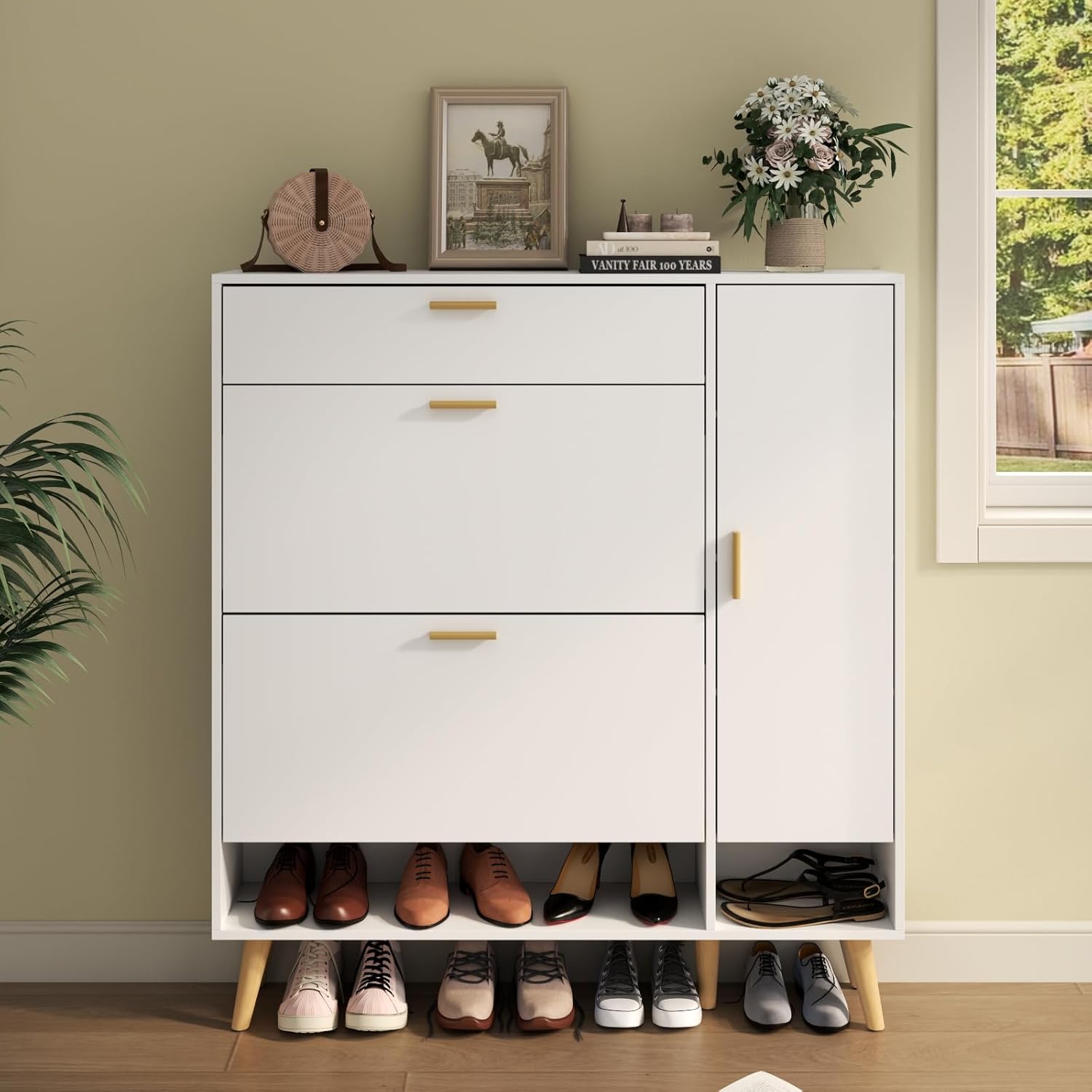 Shoe Cabinet with 3 Flip Drawers & Side Cabinet and Adjustable Shelves, Narrow Entryway Hidden Shoe Rack with Doors, Hallway Organizer (White)