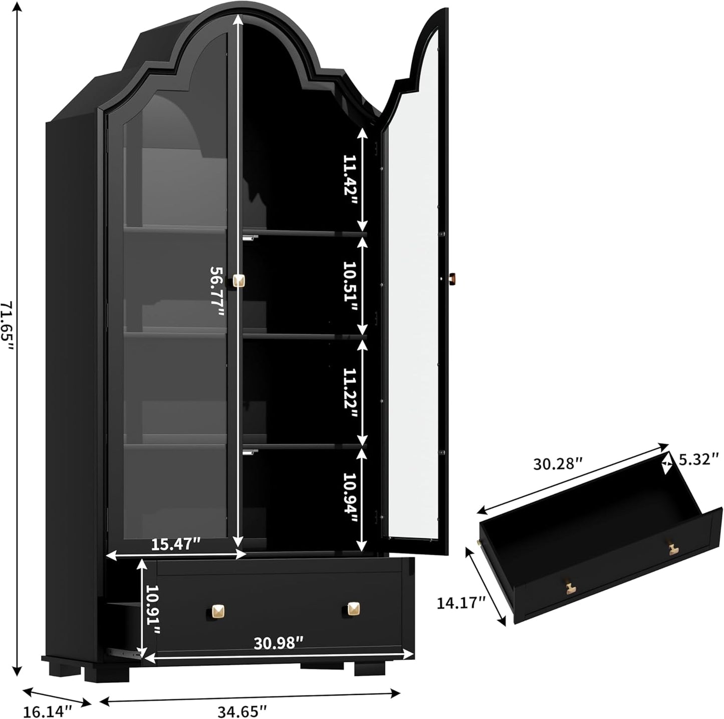 71" Tall Arched Cabinets, Bookcase with Storage, Mid-Century Modern 4-Tier Bookshelf with Glass Door, Display Cabinet with Large Drawer & Adjustable Shelf, Curved Pantry Cabinet, Black (Black)