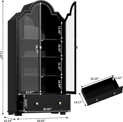 71" Tall Arched Cabinets, Bookcase with Storage, Mid-Century Modern 4-Tier Bookshelf with Glass Door, Display Cabinet with Large Drawer & Adjustable Shelf, Curved Pantry Cabinet, Black (Black)
