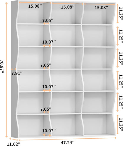 71" Triple Wide Bookshelf, 6 Tier Tall Bookcase with Storage, Large Book Shelves with 18 Open Display Shelves, White Bookcase for Living Room, Study, Home Office, Library (White)