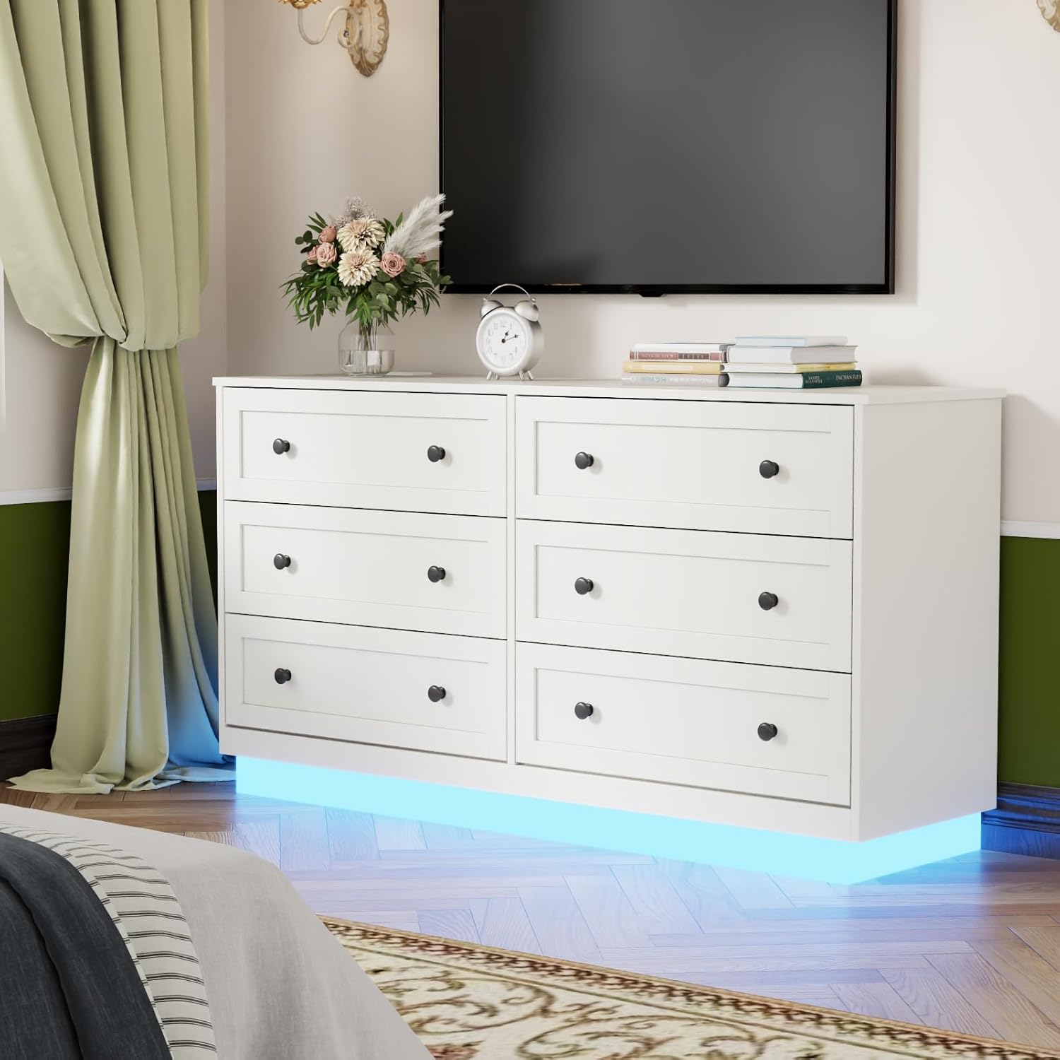 6 Drawer Dresser with Power Outlet and LED Light, Modern Floating Storage Dresser for Bedroom, Living Room
