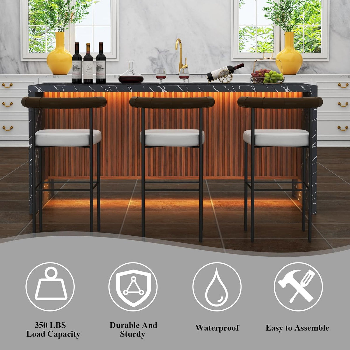 71" Large Imitation Marble Dining Table for 6-8 People, with LED Lights