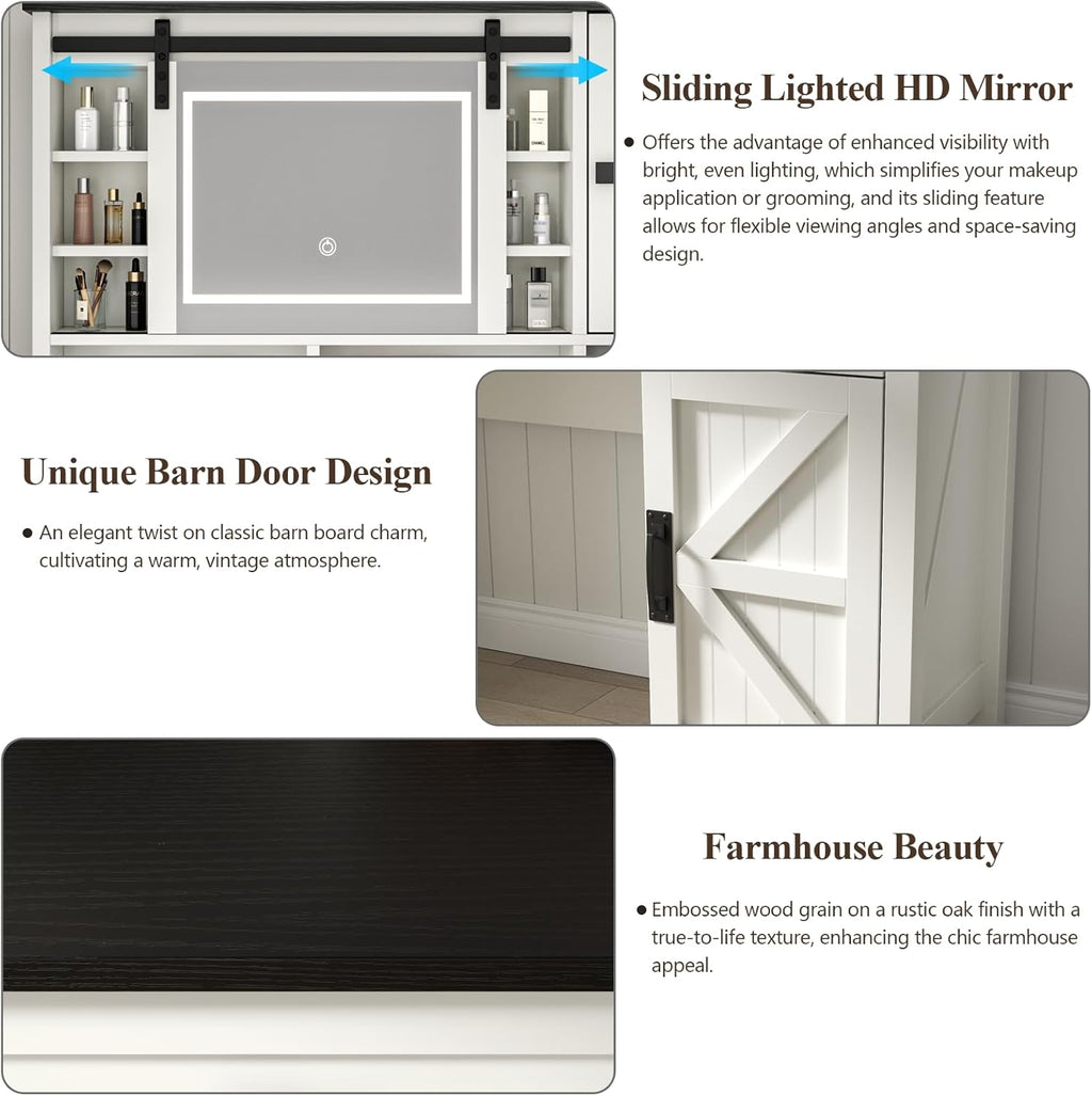 Farmhouse Makeup Vanity Desk with Sliding Mirror and Lights, 42" White Vanity Set with Charging Station & 2 Drawers & 2 Cabinets, Dressing Table for Bedroom (White)