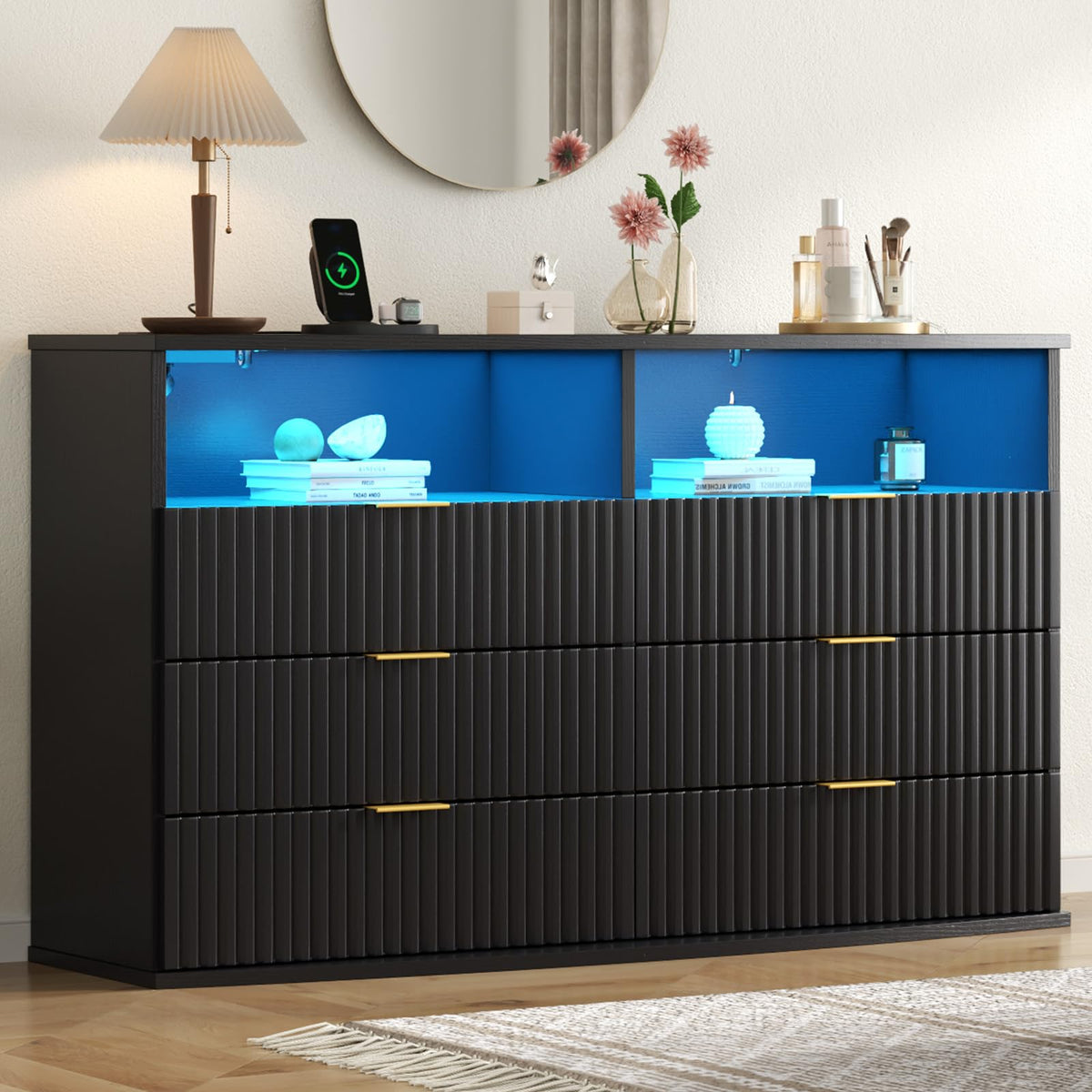 9-Drawer Dresser with 3 Open Cubbies,LED & Power Outlet for Bedroom