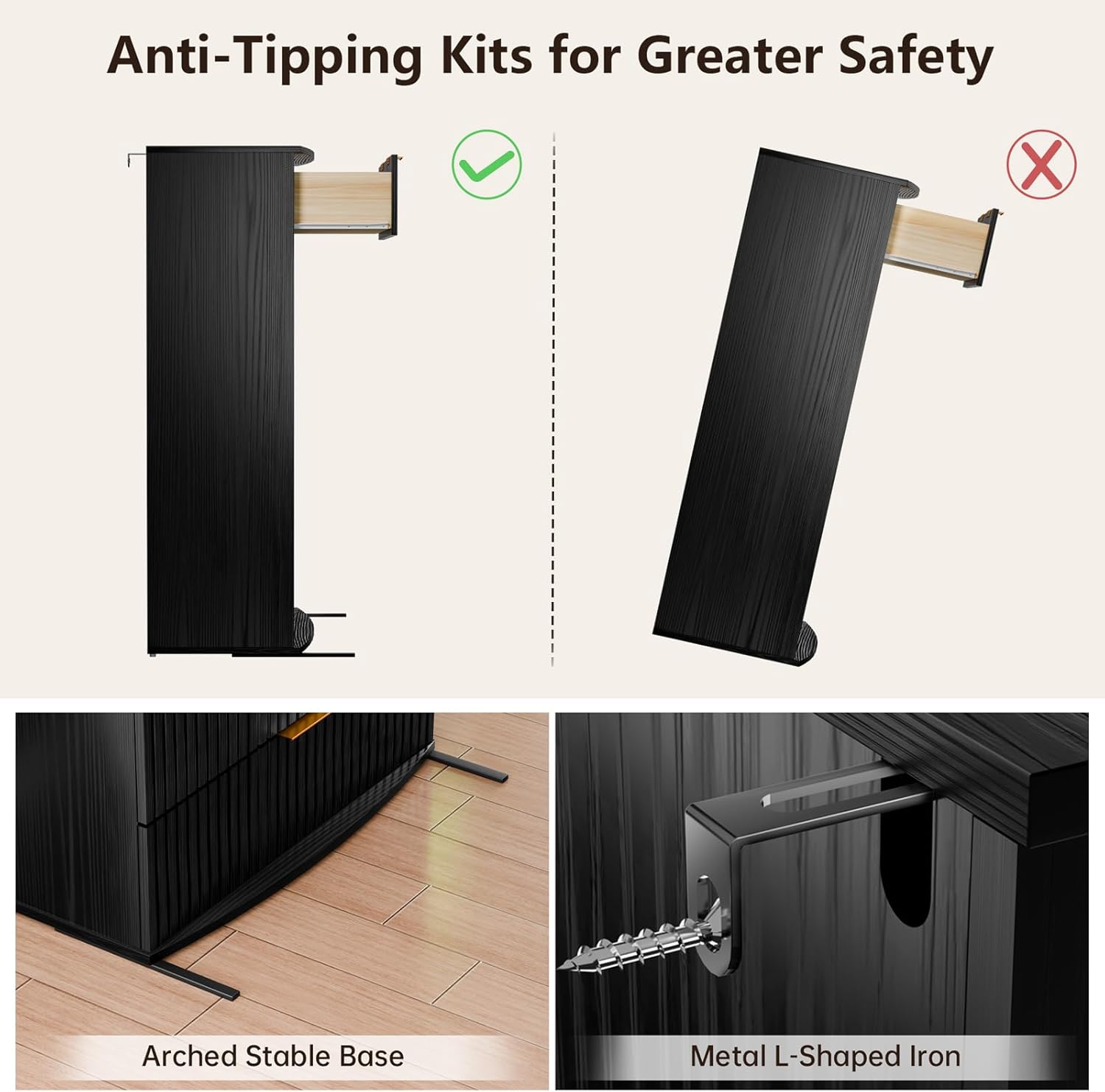 Tall Black Dresser with 6 Drawers, Fluted Chest of Drawers with Curved Tabletop, Black and Gold Vertical Dresser with Metal Handle, Modern Storage Wooden Dressers for Bedroom, Living Room (Black)