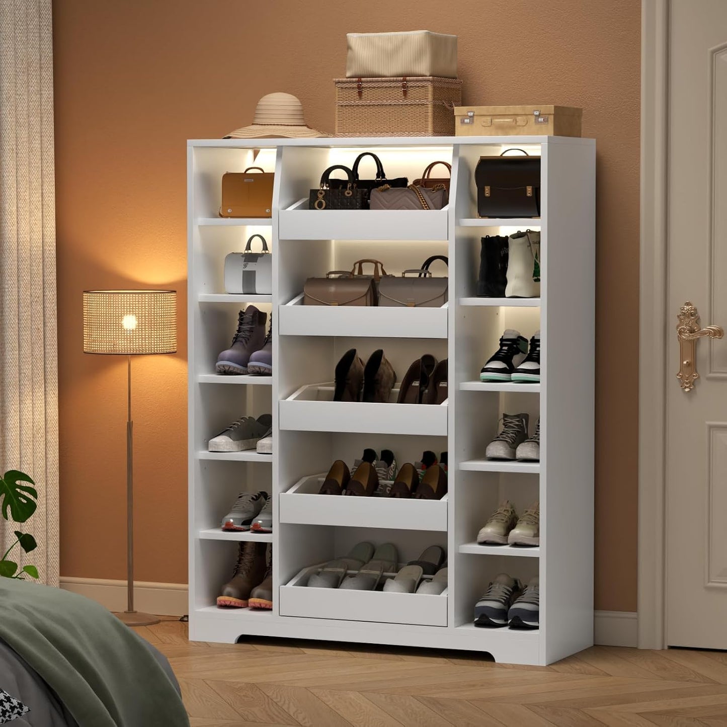 Auromie Shoe Storage Cabinet with 5 Drawers & 12 Shelves, Modern LED Shoe Rack & Handbag Storage Cabinet, Freestanding Shoes and Handbag Storage Organizer for Closet, Entryway, Living Room (White)