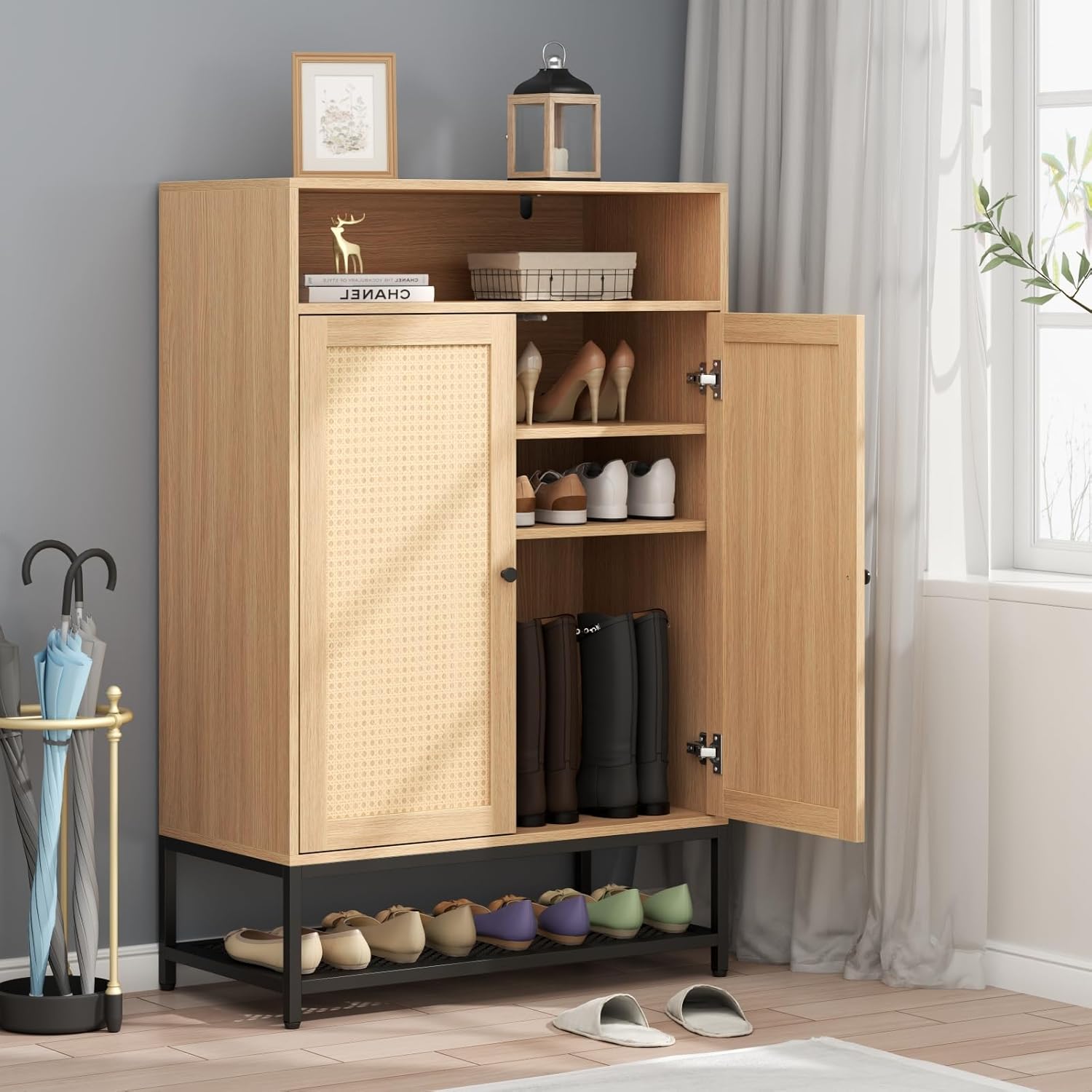 Natural Rattan Shoe Cabinet Entryway, 7-Tier Shoe Organizer with Doors, 46.54’’ Tall Shoe Rack Storage with Adjustable Shelves and Open Storage Space for Hallway, Closet (Natural)