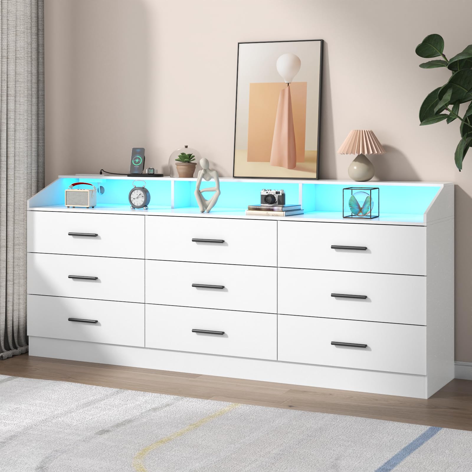 9 Drawers Dresser for Bedroom with Power Outlet, Chest of Drawers with LED Light, Modern Dressers with Open Storage Cubby, Triple Wide Dressers Organizer for Living Room (Black-)