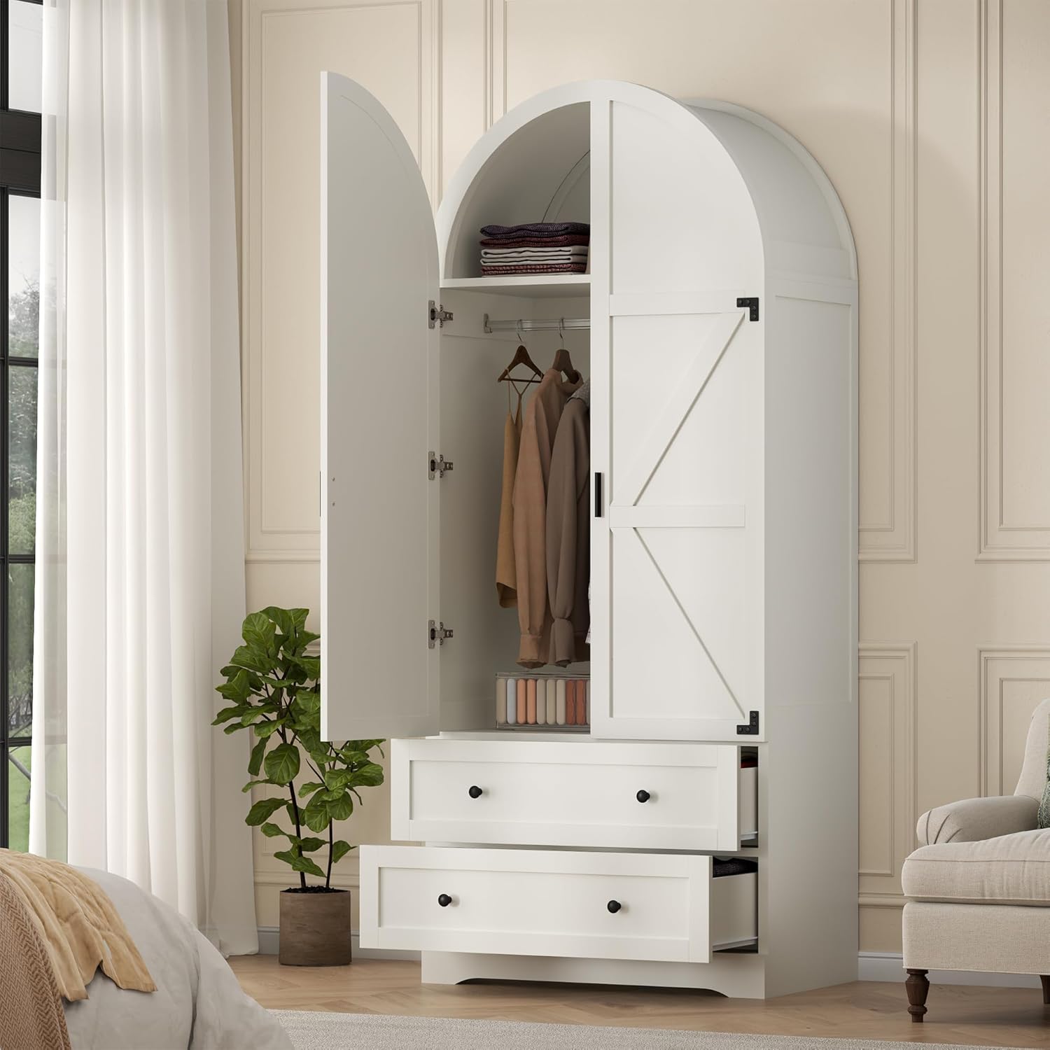 74.8" White Armoire Wardrobe Closet with 2 Drawers and 2 Doors, Tall Bedroom Freestanding Armoire Storage Cabinet with Shelves, Wood Large Wardrobe Combination for Hanging Clothes (White)