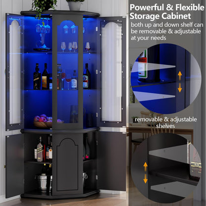 Corner Bar Cabinet w/LED Lights, Tall Modern Wine Cabinet with Tempered Glass Door & Adjustable Shelves, Home Bar Liquor Storage Cabinet with Glass Rack for Living Room, Dining Room (Black)