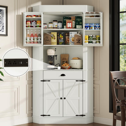 Corner Cabinet,Kitchen Pantry Storage Cabinet,Freestanding Buffet Hutch with 4 Doors and Shelves,Tall Food Pantry Farmhouse Furniture with Side Rack for Kitchen Dining Room(Retro)