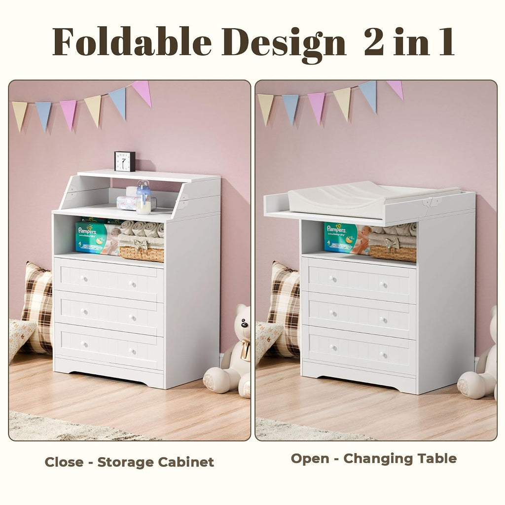 Baby Changing Table with Foldable Tabletop,White Baby Dresser with 3 Drawer