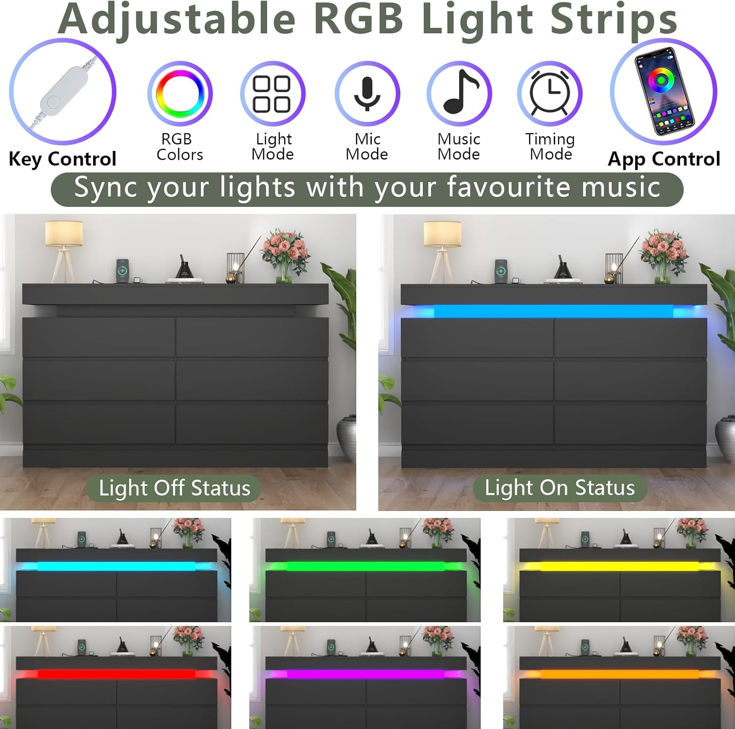 6 Drawer Dresser with Power Outlet, Dresser with LED Light, Modern Chest of Drawers for Closet, Double Wide Drawer Organizer Cabinet for Bedroom, Living Room (Black, 6 Drawers)