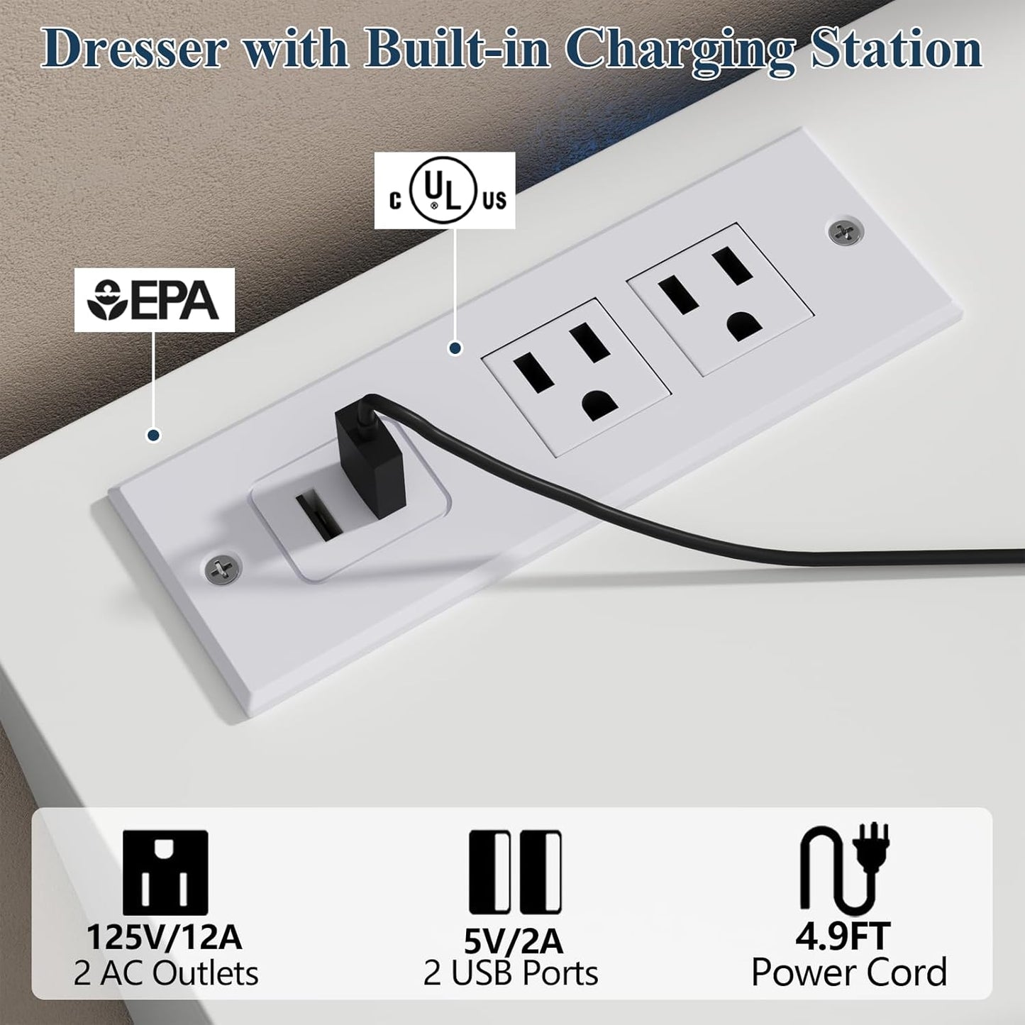 63" Wide 6-Drawer White Dresser with Divided Compartments, Charging Station & LED Lights, TV Stand for TVs up to 75", Large Organizer with 4 Open Cubbies