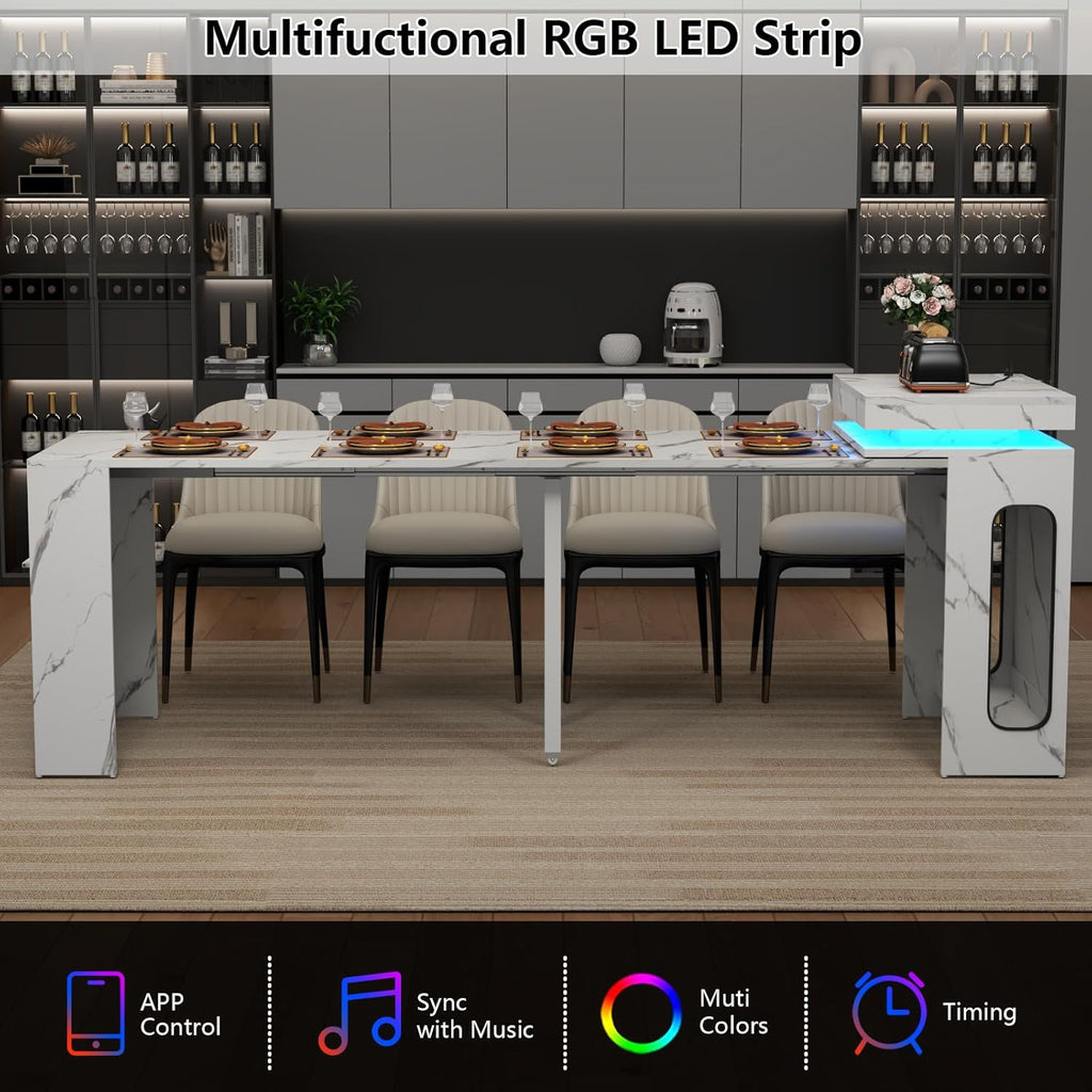 Extendable Dining Table with Charging Station & LED Lights, 19.7" to 98.4" White Faux Marble Dining Table, Rectangle Console Table for 2-8, Modern Space Saving Kitchen Island Table (No Chairs)