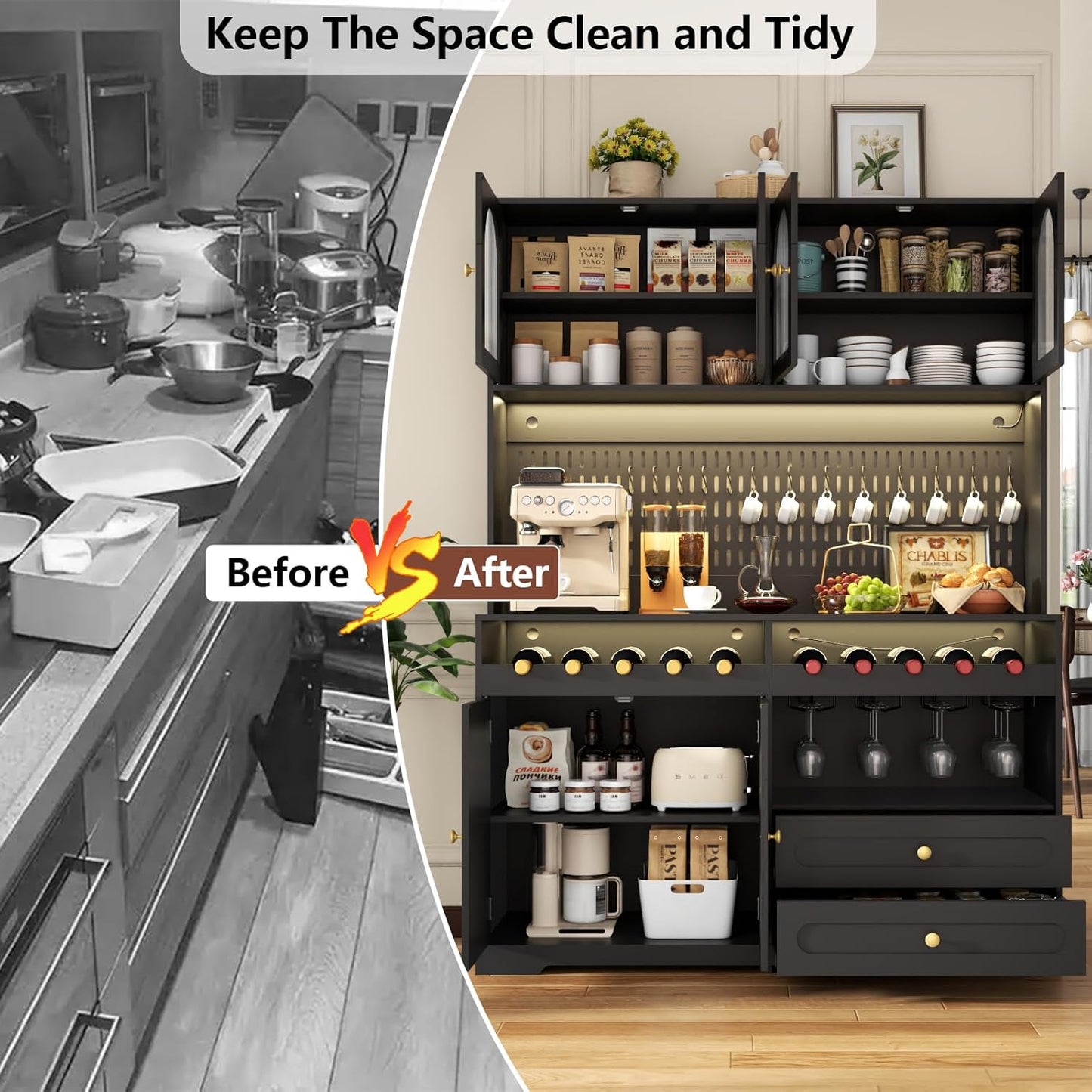 71'' Tall Kitchen Pantry Storage Cabinet, Large Black Pantry Cabinet with Wine & Glass Rack, 47'' Extra Wide LED Pantries with DIY Pegboard & Drawers & Doors, Modern Kitchen Hutch with Countertop