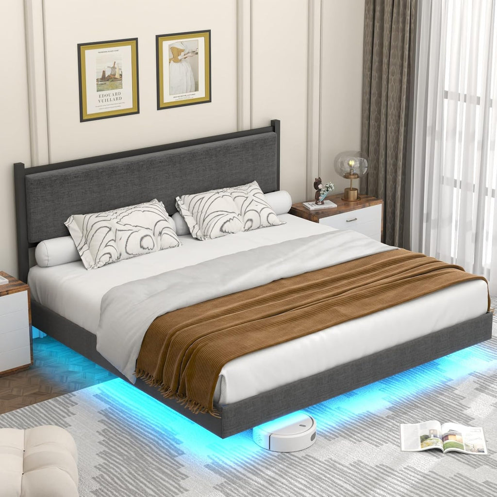 King Floating Bed Frame with LED Light, Modern Upholstered Platform Bed Frame with Double Beams, No Box Spring Needed, Innovative Stable Structure, Easy Assemble (Grey, King (U.S. Standard))