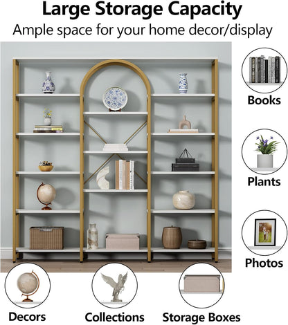 Triple Wide Gold Bookshelf, 70.87" W x 71.34" H Large Modern Etagere Bookcase, Tall Display Shelf with 13-Tier Open Shelves, Freestanding Staggered Storage Shelf for Home Office (White/Gold)