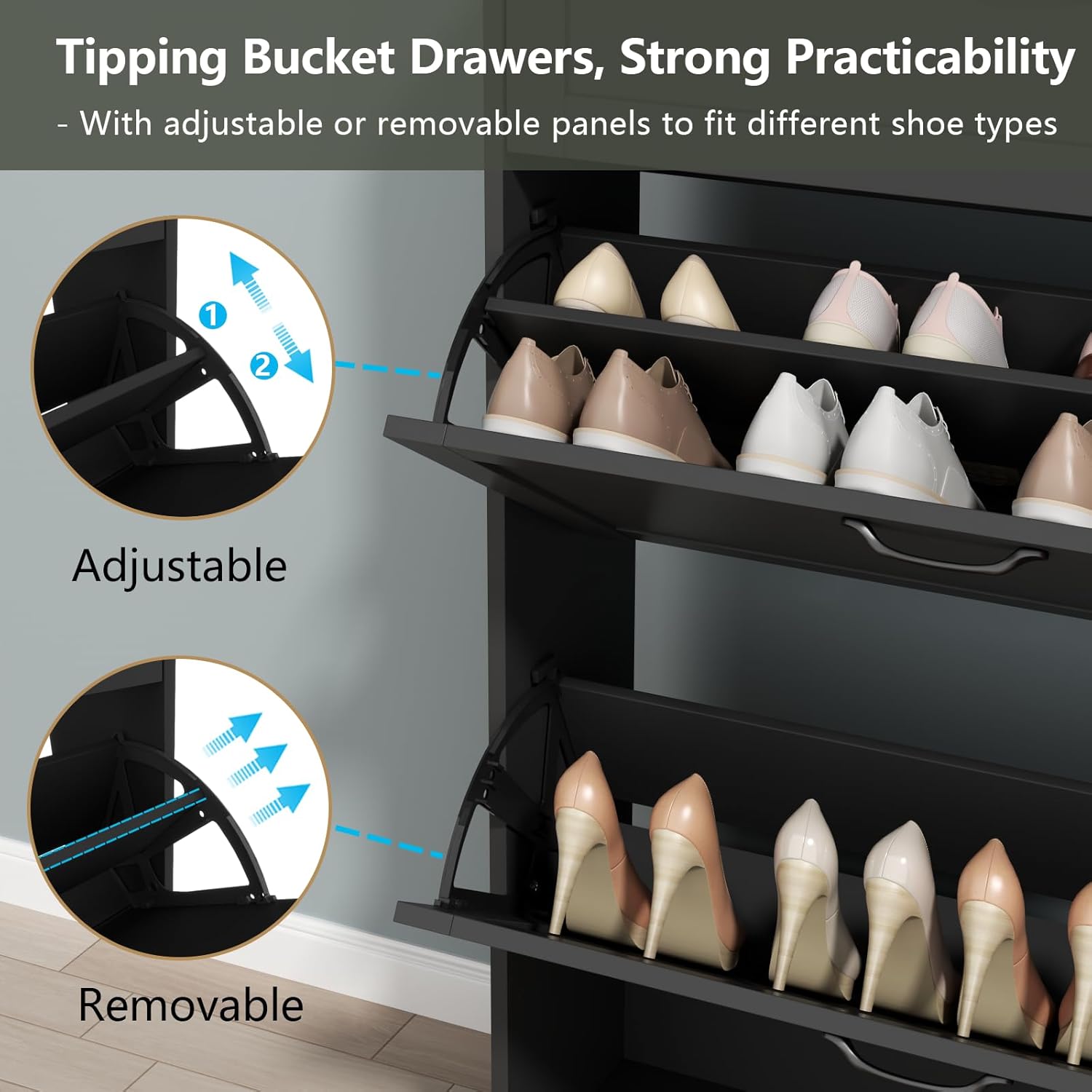 Shoe Cabinet with 2 Flip Drawers & 1 Drawer, Shoe Storage Cabinet with Sidecabinet for Entryway, Slim Freestanding Shoe Cabinet Organizer with Adjustable shelf, Narrow Hidden Shoe Rack, Black