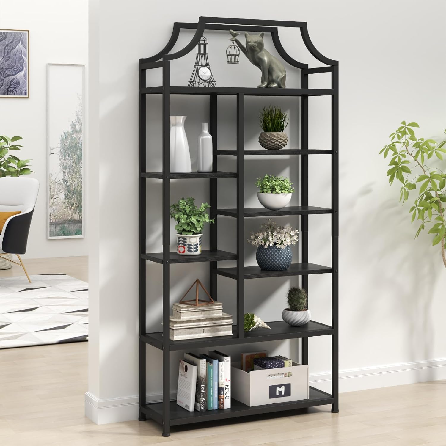 8-Tier Open Shelf Bookcase, 70.87"H x 31.5"L Lux Etagere Bookshelf, Modern Display Shelf with Black Metal Frame & Shelves,Tall Storage Display for Bedroom, Home Office & Living Room (Black)