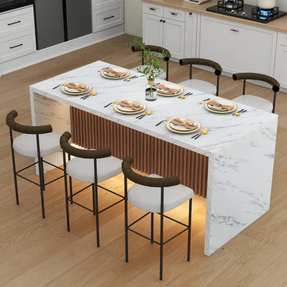 63" Large Imitation Marble Dining Table for 4-6 People(Patent Pending), Island Table with LED Lights, Mordern Marble Stripes Kitchen Dining Table with Grille design for Dining Room,Living Room,White