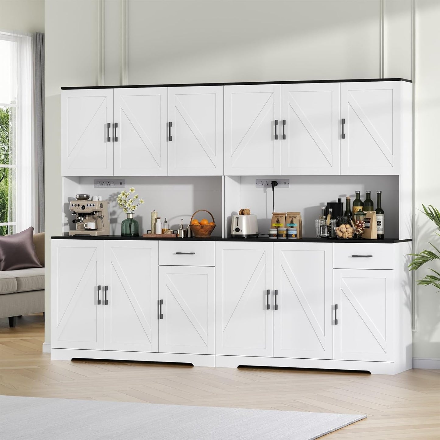 71’’ Farmhouse Kitchen Pantry Cabinet, Tall Storage Cabinet with Power Outlet, Freestanding Hutch with Drawer, 4 Adjustable Shelf & 6 Doors for Kitchen Living Room (White)