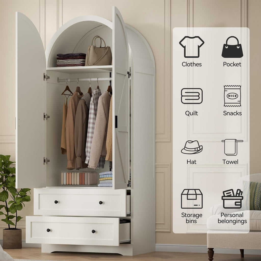 74.8" White Armoire Wardrobe Closet with 2 Drawers and 2 Doors, Tall Bedroom Freestanding Armoire Storage Cabinet with Shelves, Wood Large Wardrobe Combination for Hanging Clothes (White)
