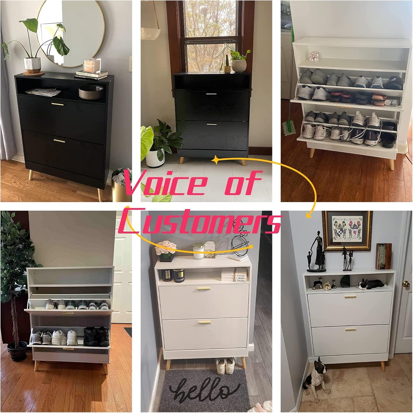 Shoe Storage Cabinets, 16 Pairs Free Standing Shoe Organizer with 2 Flip Drawers for Entryway, Narrow 3 Tier Entryway Hidden Shoe Rack with Doors (Black)