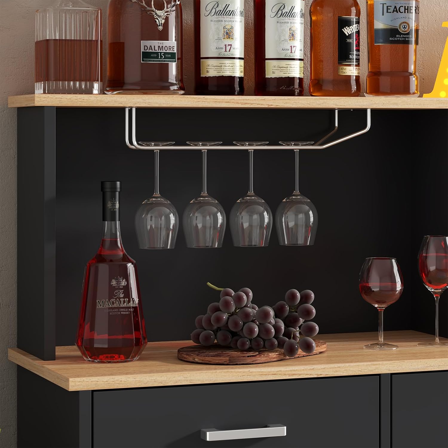 Buffet Cabinets with 3 Drawers, Farmhouse Sideboard Storage Cabinet with Goblet Holder, Large Coffee Bar with 3 Doors, Wood Buffet Table with Adjustable Shelf for Kitchen, Dining Room