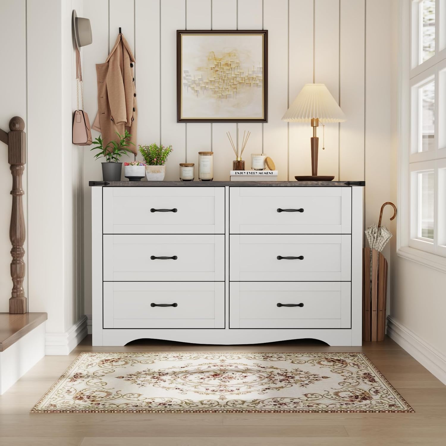 Farmhouse 6 Drawer Dresser for Bedroom, Wood Dresser Chest of Drawers, Wide Dressers Organizer with Metal Handles, Natural Texture Storage Cabinet for Closet, Living Room, Hallway (White)