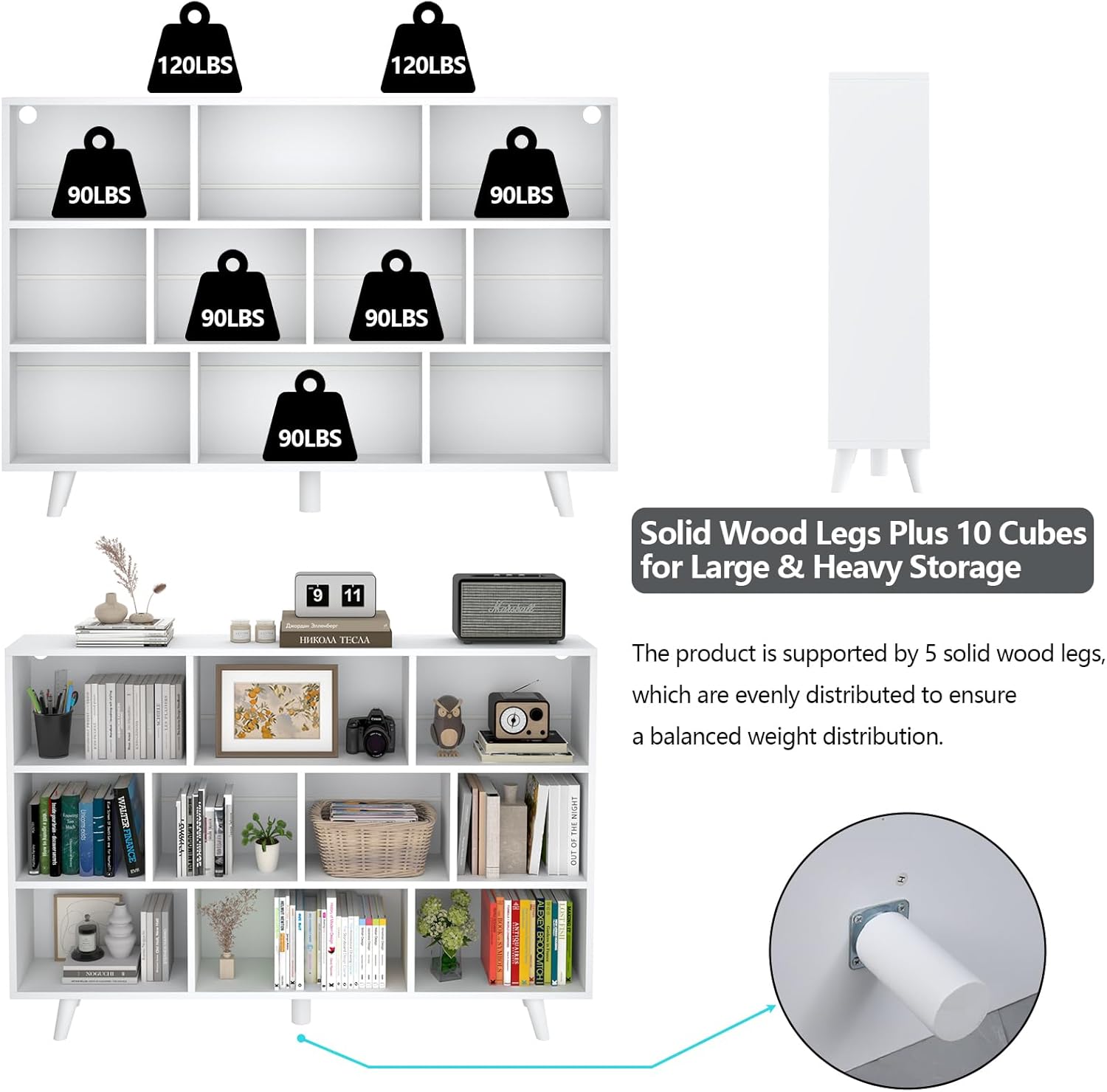 10 Cube Book Shelf with LED Lights, 3-Tier White Bookcase with Solid Wood Legs Modern Open Storage Organizer Kids Bookshelf Display Shelf for Living Room, Home Office (White, 10 Cube)