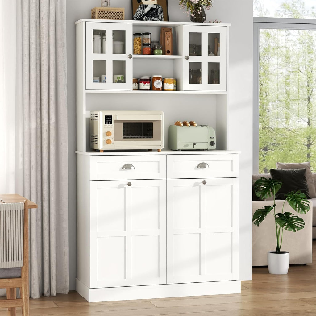 Kitchen Pantry Cabinet with Double Tilt Out Trash Cabinet, 68" Tall Storage Cabinets with 2 Drawers & Hutch, 20 Gallon Hidden Trash Can Cabinets, Kitchen Cupboard with Microwave Coffee Stand