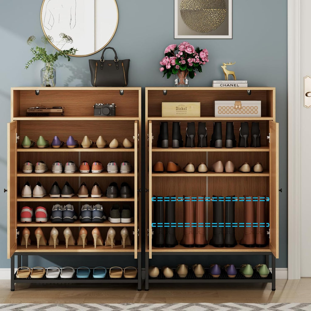 Natural Rattan Shoe Cabinet Entryway, 7-Tier Shoe Organizer with Doors, 46.54’’ Tall Shoe Rack Storage with Adjustable Shelves and Open Storage Space for Hallway, Closet (Natural)