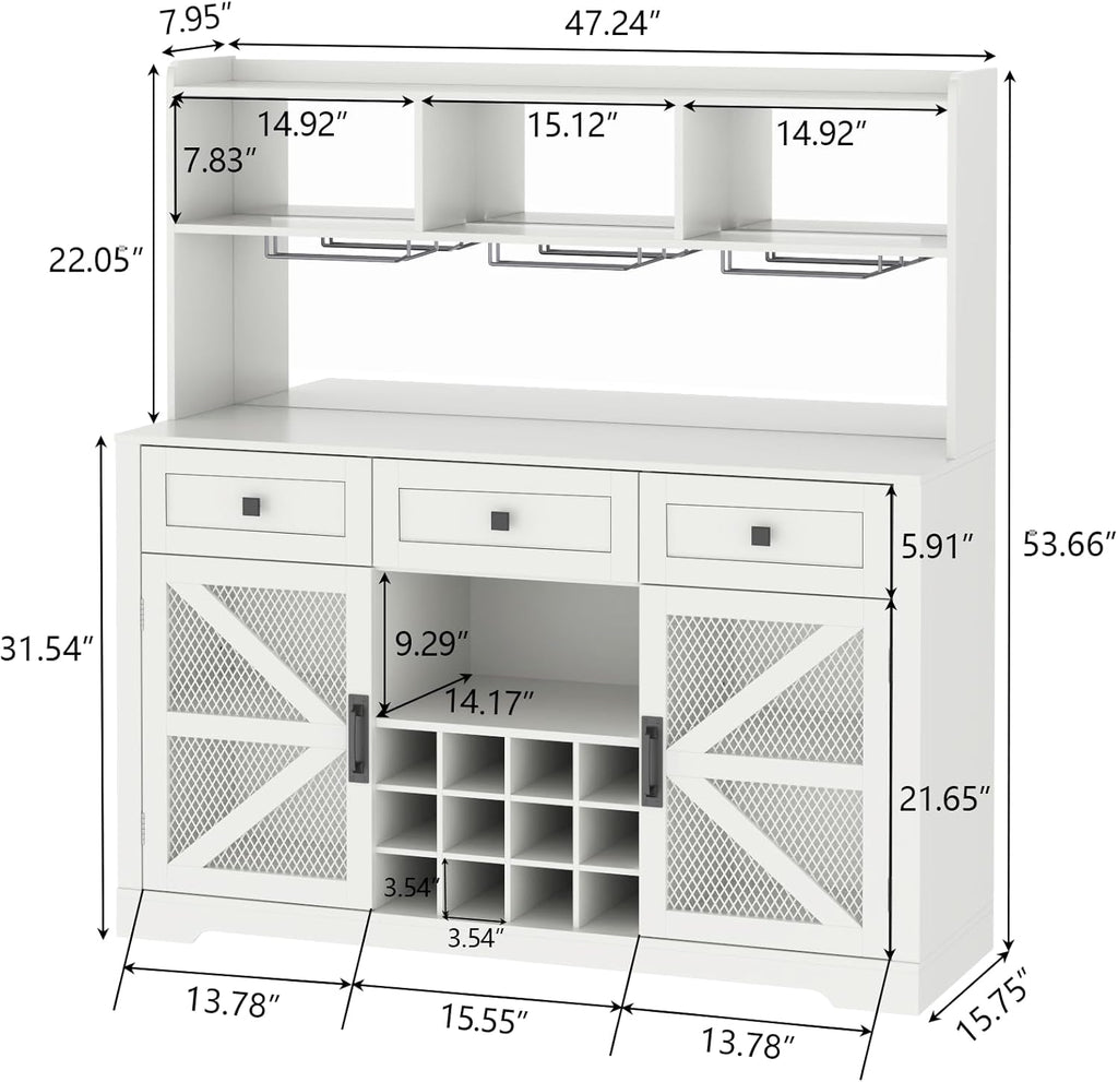 Wine Bar Cabinet with LED Lights, Farmhouse Coffe Bar with Mirror, 3 Drawers & Wine Rack, Kitchen Buffet Sideboard with Storage & Glass Holder, Liquor Cabinet Hutch (53.66" Tall)