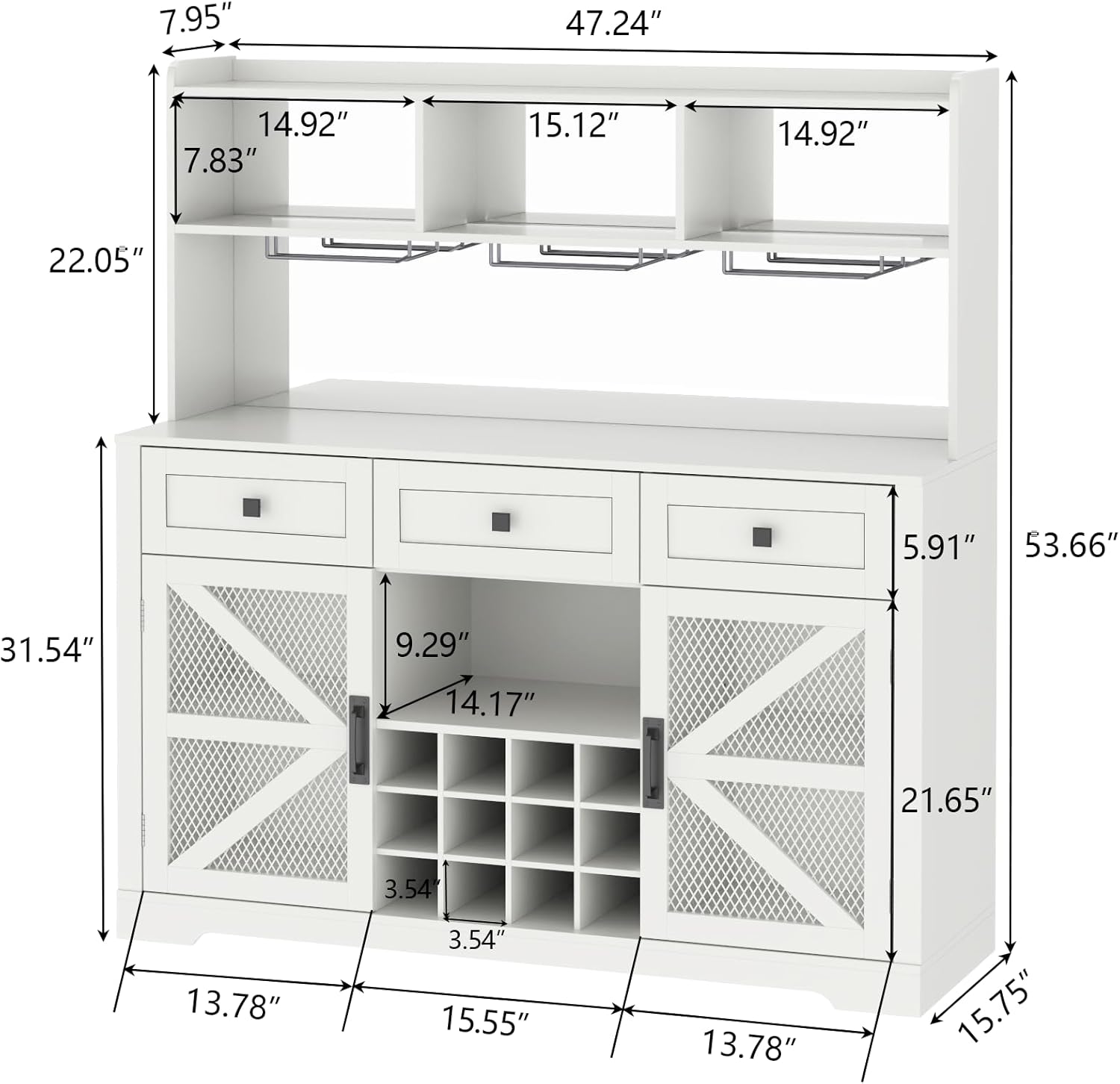 Wine Bar Cabinet with LED Lights, Farmhouse Coffe Bar with Mirror, 3 Drawers & Wine Rack, Kitchen Buffet Sideboard with Storage & Glass Holder, Liquor Cabinet Hutch (53.66" Tall)