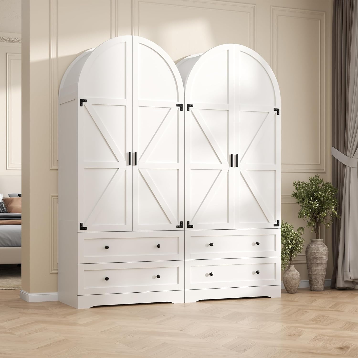 74.8" White Armoire Wardrobe Closet with 2 Drawers and 2 Doors, Tall Bedroom Freestanding Armoire Storage Cabinet with Shelves, Wood Large Wardrobe Combination for Hanging Clothes (White)