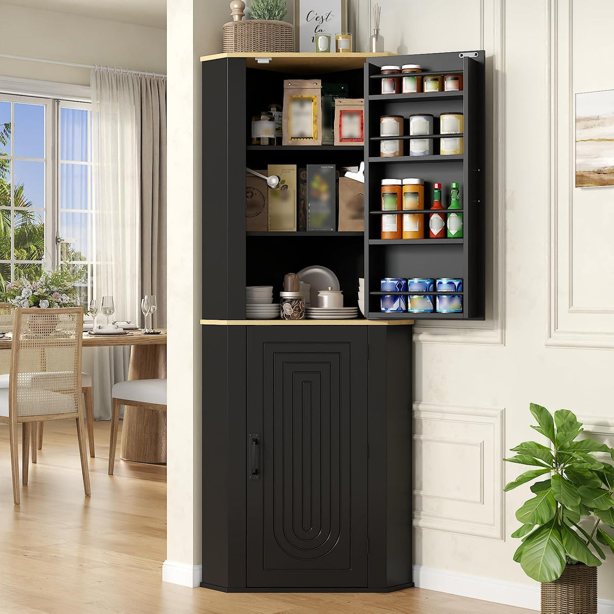 Gyfimoie Corner Cabinet, Freestanding Kitchen Pantry Storage Cabinet, Black