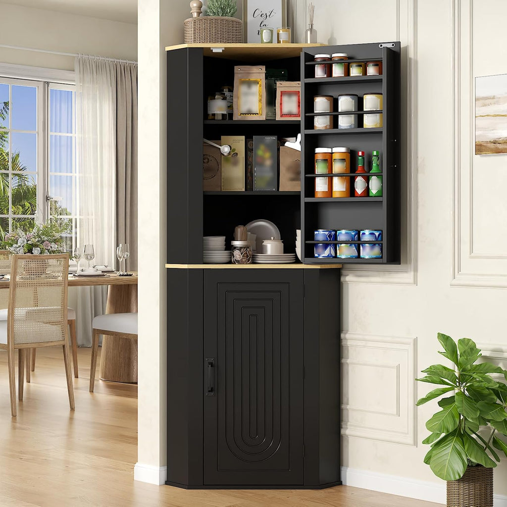 Gyfimoie Corner Cabinet, Freestanding Kitchen Pantry Storage Cabinet, Black