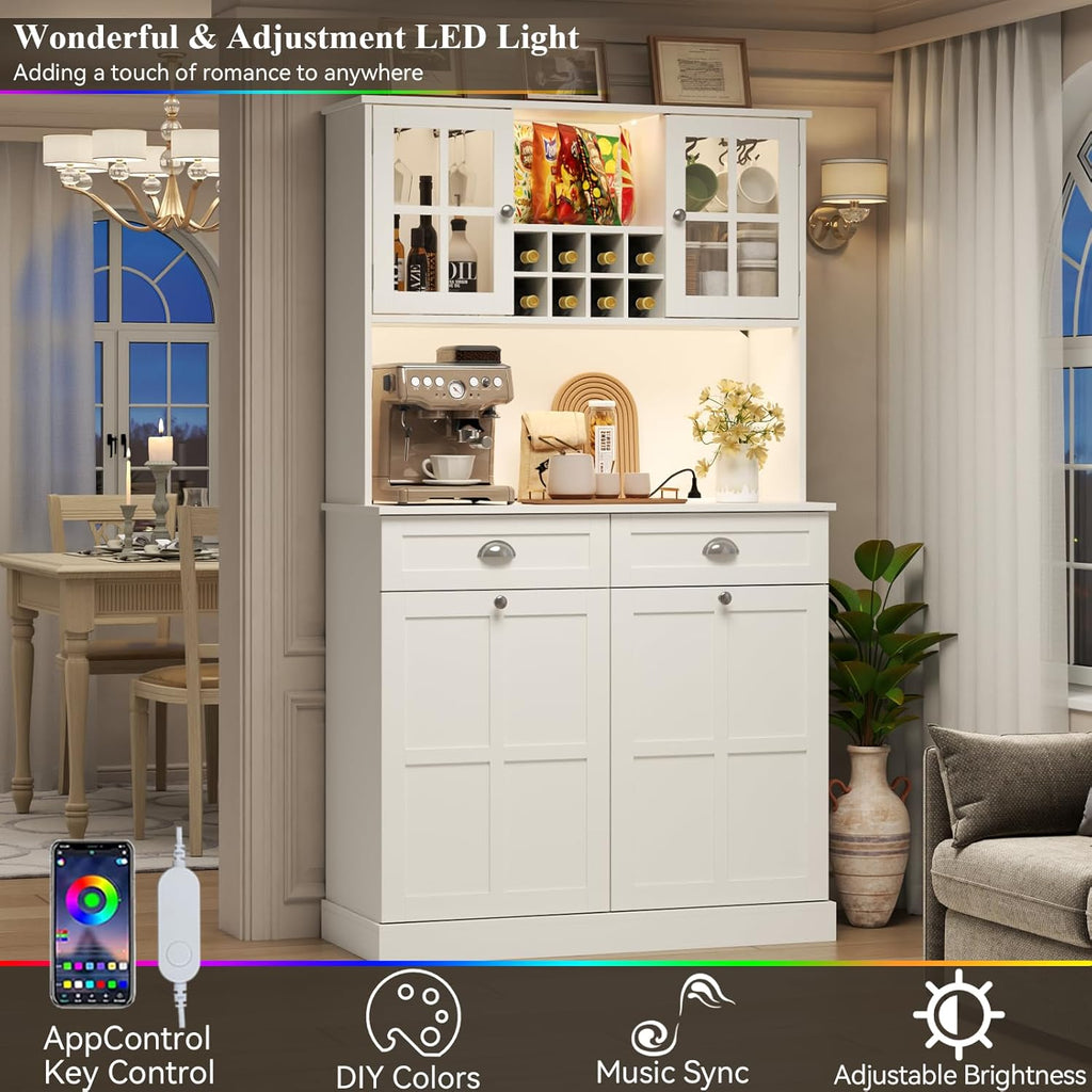 Kitchen Pantry Cabinet with Trash Can Storage, White Kitchen Hutch with Power Outlet & LED Light, Tall Bar Cabinet with Drawers & Wine Rack & Microwave Stand, Modern Pantries for Home (White)