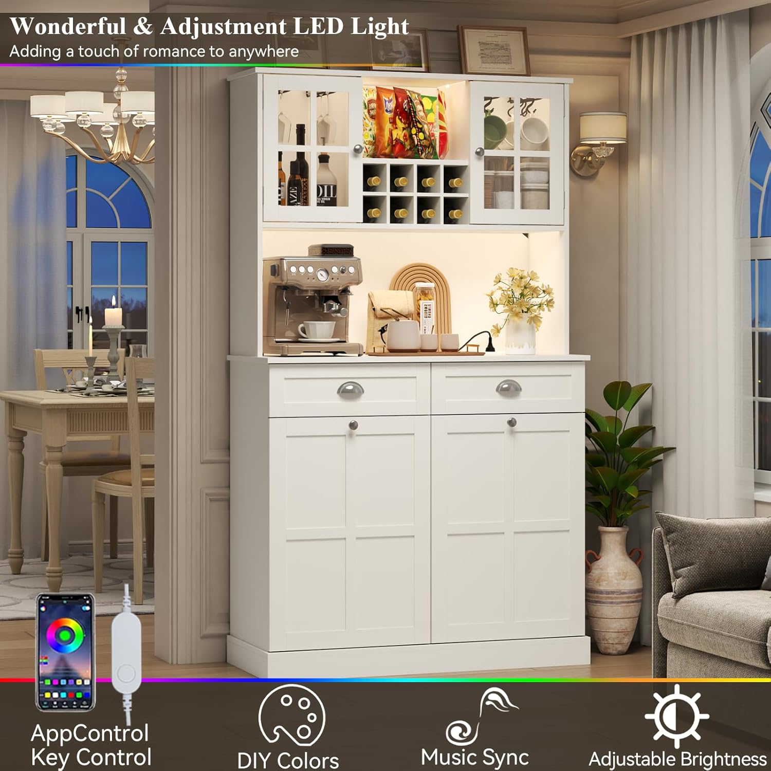 Kitchen Pantry Cabinet with Trash Can Storage, White Kitchen Hutch with Power Outlet & LED Light, Tall Bar Cabinet with Drawers & Wine Rack & Microwave Stand, Modern Pantries for Home (White)