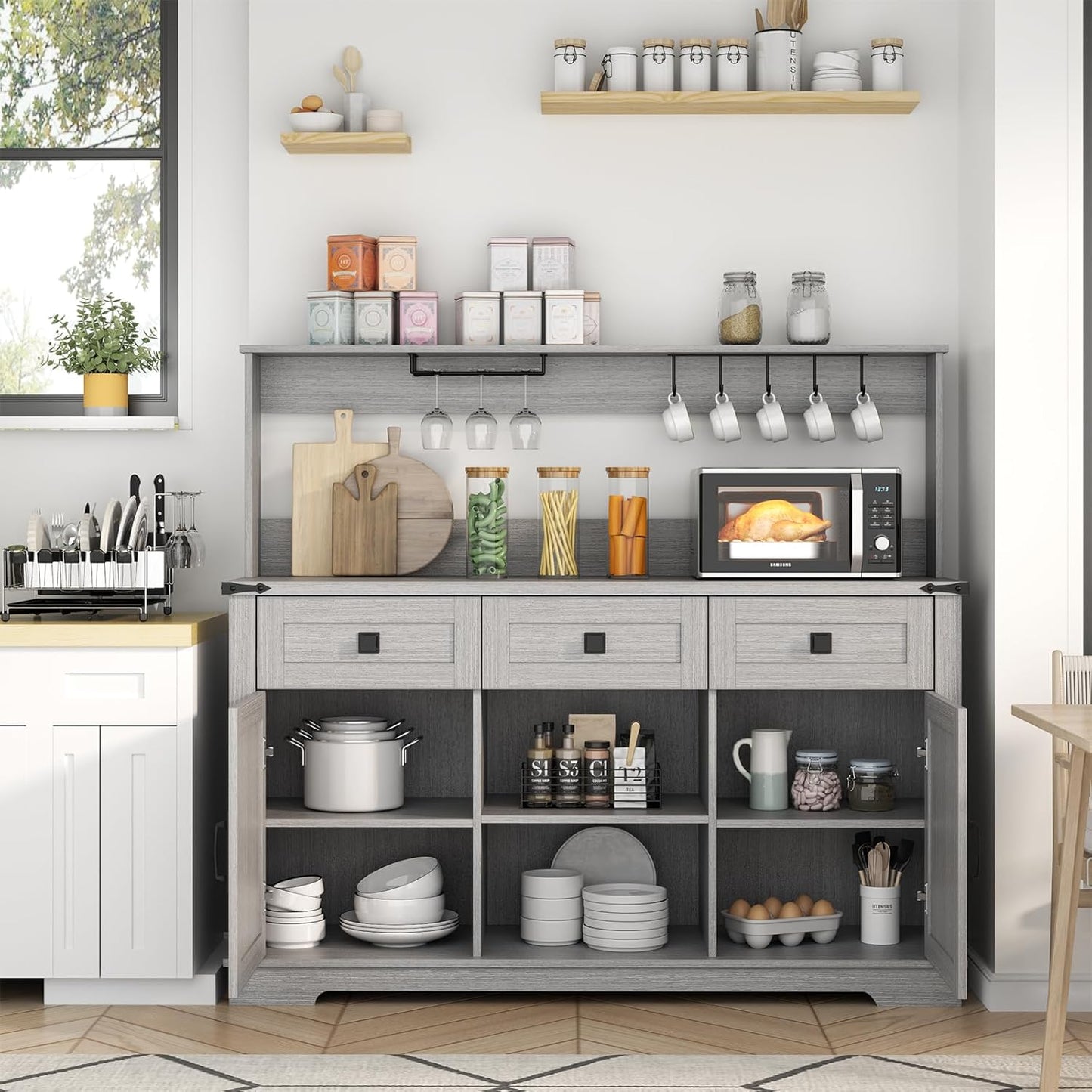 Farmhouse Bar Cabinet with Hutch, Kitchen Buffet Cabinet with Storage Cabinet & 3 Sliding Drawers, Adjustable Shelf, Goblet Holder, Cup Hooks for Living Room, Dining Room Use (Grey)
