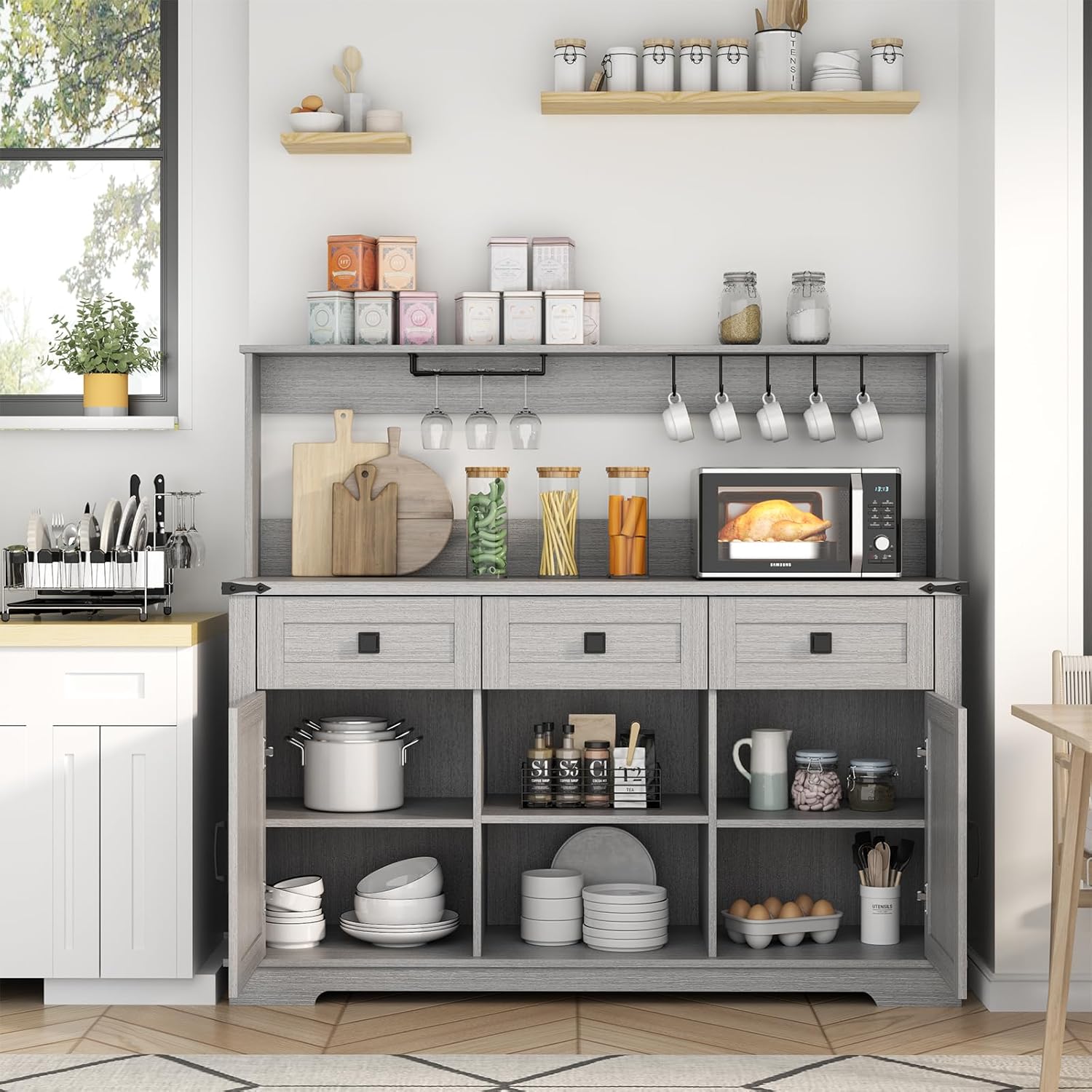 Farmhouse Bar Cabinet with Hutch, Kitchen Buffet Cabinet with Storage Cabinet & 3 Sliding Drawers, Adjustable Shelf, Goblet Holder, Cup Hooks for Living Room, Dining Room Use (Grey)
