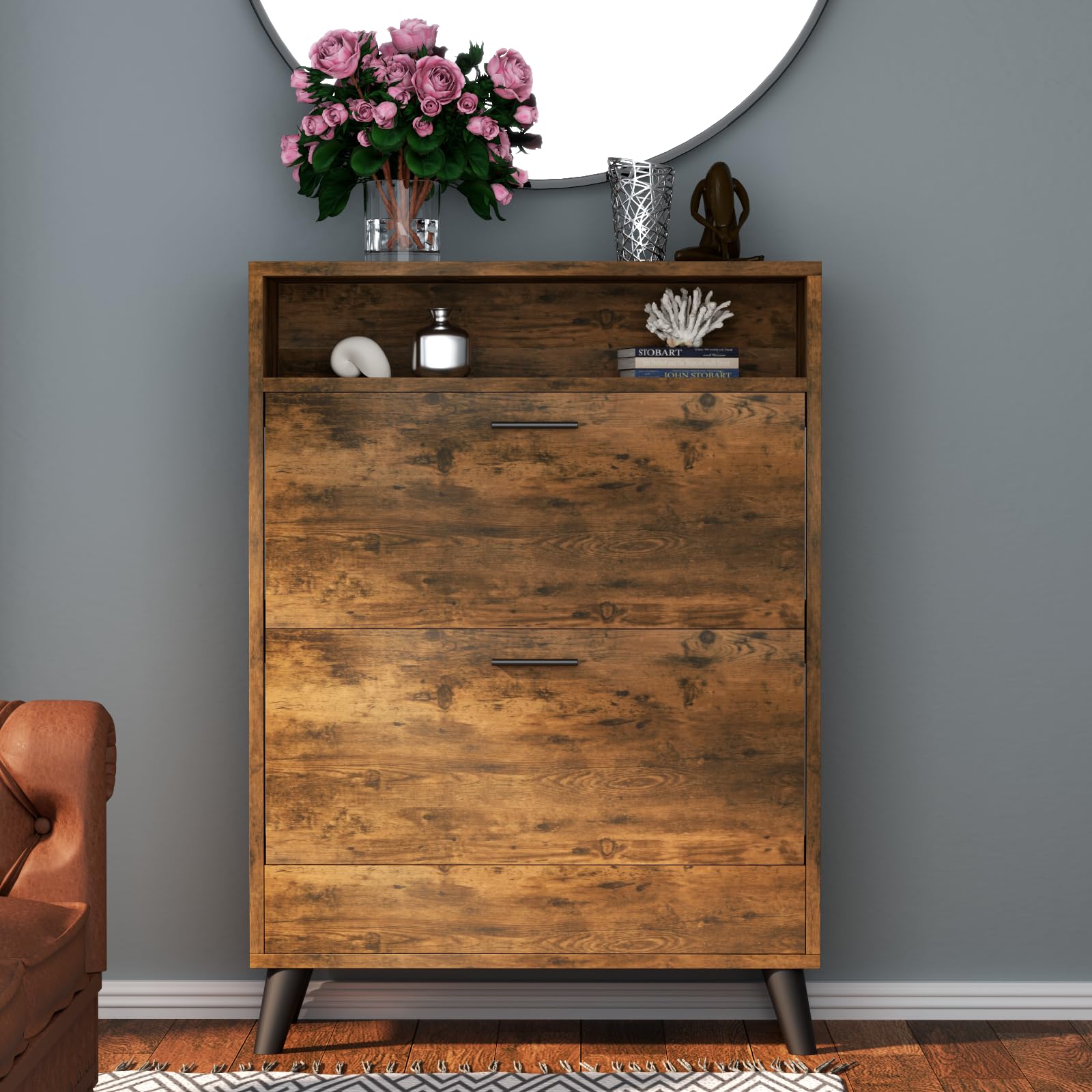 Entryway Shoe Storage Cabinet with 2 Flip Drawers, FreestandingShoe Organizer for Entryway, Narrow Shoe Rack Cabinet (Black)