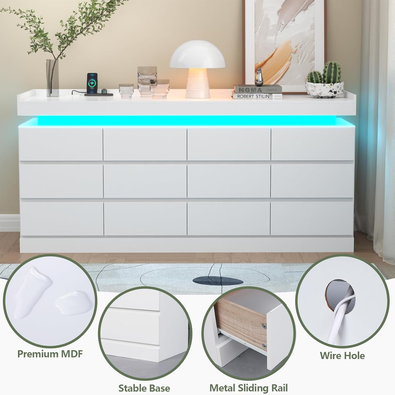 Extra Large 6 Drawer Dresser with 12 Compartments, Dresser with Power Outlet & LED Light, Modern Chest of Drawers, Double Wide Drawer Organizer Cabinet for Bedroom, Living Room, Entryway (White)