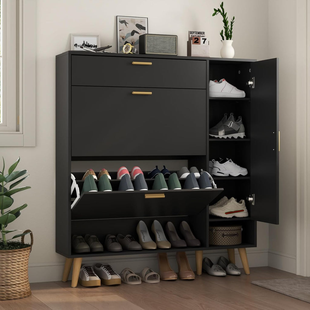 Shoe Storage Cabinets, 16 Pairs Free Standing Shoe Organizer with 2 Flip Drawers for Entryway, Narrow 3 Tier Entryway Hidden Shoe Rack with Doors (Upgraded Black)
