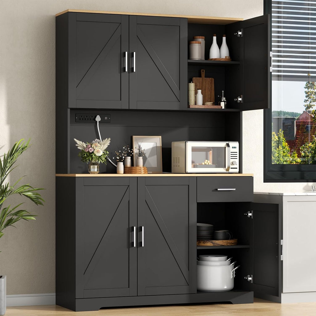 Gyfimoie 71’’ Farmhouse Kitchen Pantry Cabinet, Tall Storage Cabinet with Power Outlet, Freestanding Hutch with Drawer, 4 Adjustable Shelf & 6 Doors for Kitchen Living Room (Black)